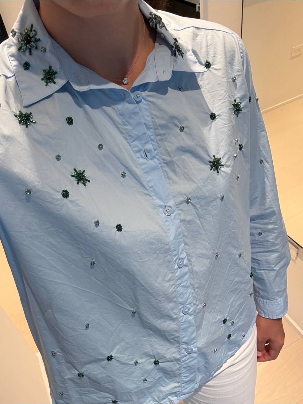LOFT Embellished Bedazzled Button Down Blue Shirt Blouse Medium